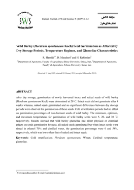 Wild Barley (Hordeum Spontaneum Koch) Seed Germination As Affected by Dry Storage Periods, Temperature Regimes, and Glumellae Characteristics