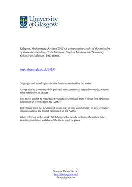 Raheem, Muhammad Arslan (2015) a Comparative Study of the Attitudes of Students Attending Urdu Medium, English Medium and Seminary Schools in Pakistan