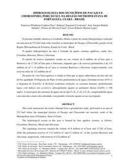 Hidrogeologia Dos Municípios De Pacajus E Chorozinho, Porção Sul Da Região Metropolitana De Fortaleza, Ceará - Brasil