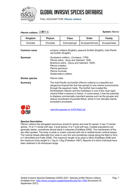 Pterois Volitans Global Invasive Species Database (GISD)