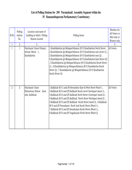 List of Polling Stations for 209 Paramakudi Assembly Segment Within the 35 Ramanathapuram Parliamentary Constituency