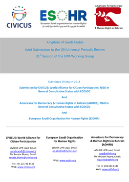 Kingdom of Saudi Arabia Joint Submission to the UN Universal Periodic Review 31 Session of the UPR Working Group