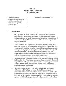 Before the Federal Trade Commission Washington, D.C. Complaint Seeking | Submitted November 15, 2018 Investigation, Enforcement