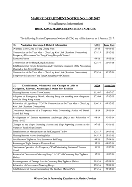 MARINE DEPARTMENT NOTICE NO. 1 of 2017 (Miscellaneous Information) HONG KONG MARINE DEPARTMENT NOTICES