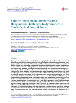 Salinity Intrusion in Interior Coast of Bangladesh: Challenges to Agriculture in South-Central Coastal Zone