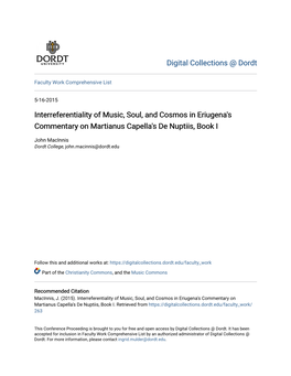 Interreferentiality of Music, Soul, and Cosmos in Eriugena's Commentary on Martianus Capella's De Nuptiis, Book I