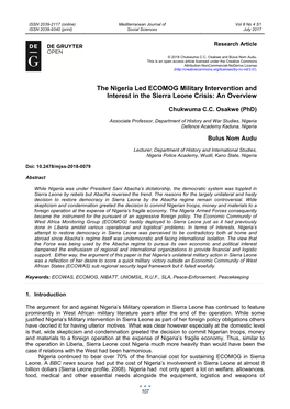 The Nigeria Led ECOMOG Military Intervention and Interest in the Sierra Leone Crisis: an Overview