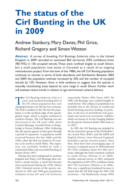 The Status of the Cirl Bunting in the UK in 2009 Andrew Stanbury, Mary Davies, Phil Grice, Richard Gregory and Simon Wotton