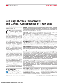 Bed Bugs (Cimex Lectularius) and Clinical Consequences of Their Bites