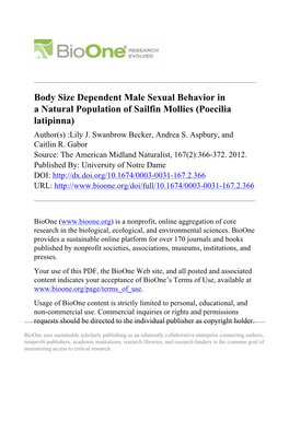 Body Size Dependent Male Sexual Behavior in a Natural Population of Sailfin Mollies (Poecilia Latipinna) Author(S) :Lily J