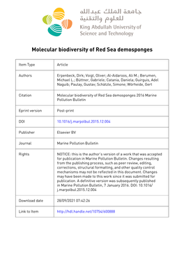 1 Molecular Biodiversity of Red Sea Demosponges Dirk Erpenbecka,B,*, Oliver Voigta, Ali M. Al-Aidaroosc, Michael L. Berumend, Ga