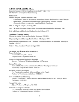Edwin David Aponte, Ph.D. Louisville Institute, 1044 Alta Vista Road, Louisville, KY 40205-1798 502-992-9341● Eaponte@Louisville-Institute.Org