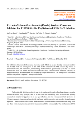 Extract of Momordica Charantia (Karela) Seeds As Corrosion Inhibitor for P110SS Steel in Co2 Saturated 3.5% Nacl Solution