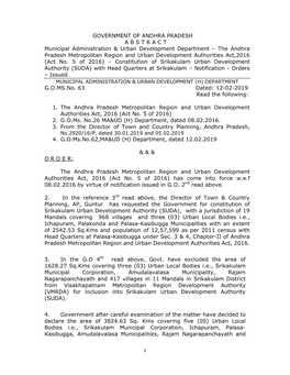 Srikakulam Urban Development Authority (SUDA) with Head Quarters at Srikakulam – Notification - Orders – Issued