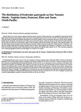 The Distribution of Freshwater Gastropods on Four Vanuatu Islands : Espíritu Santo, Pentecost, Éfate and Tanna (South Pacific)