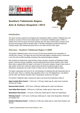 Southern Tablelands Region Arts & Culture Snapshot | 2013