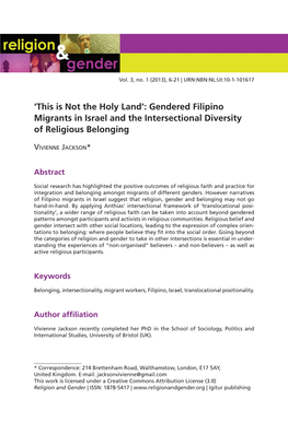 Gendered Filipino Migrants in Israel and the Intersectional Diversity of Religious Belonging