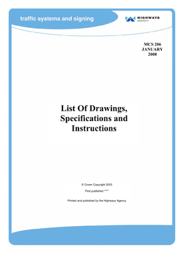 List of Drawings, Specifications and Instructions