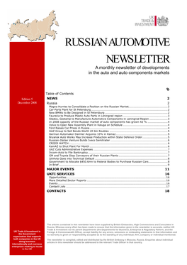 RUSSIAN AUTOMOTIVE NEWSLETTER a Monthly Newsletter of Developments in the Auto and Auto Components Markets