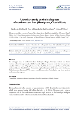 A Faunistic Study on the Leafhoppers of Northwestern Iran (Hemiptera, Cicadellidae)