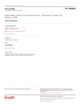 Lida Abdul, Centre a & Western Front, Vancouver. January 23