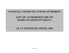 National Communications Authority List of Authorised Vhf-Fm Radio Stations in Ghana As at Fourth Quarter, 2016