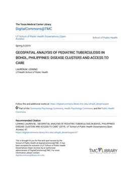 Geospatial Analysis of Pediatric Tuberculosis in Bohol, Philippines: Disease Clusters and Access to Care