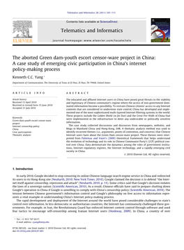 The Aborted Green Dam-Youth Escort Censor-Ware Project in China: a Case Study of Emerging Civic Participation in China’S Internet Policy-Making Process