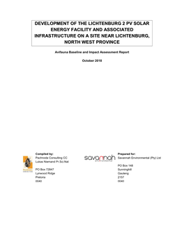 Development of the Lichtenburg 2 Pv Solar Energy Facility and Associated Infrastructure on a Site Near Lichtenburg, North West Province