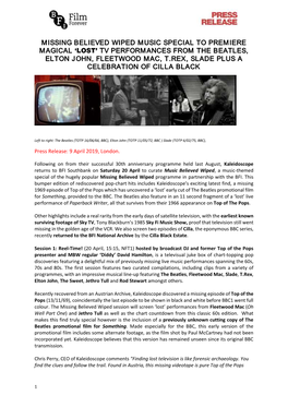 Missing Believed Wiped Music Special to Premiere Magical Tv Performances from the Beatles, Elton John, Fleetwood Mac, T.Rex, Slade Plus a Celebration of Cilla Black