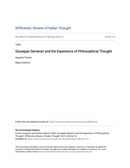 Giuseppe Semerari and the Experience of Philosophical Thought