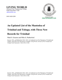 An Updated List of the Mantodea of Trinidad and Tobago, with Three New Records for Trinidad Mark S