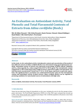 An Evaluation on Antioxidant Activity, Total Phenolic and Total Flavaonoid Contents of Extracts from Adina Cordifolia (Roxb.)