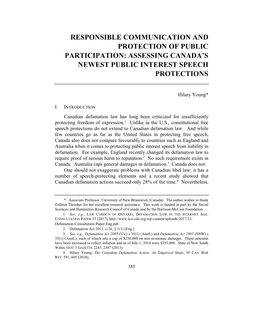 Responsible Communication and Protection of Public Participation: Assessing Canada’S Newest Public Interest Speech Protections