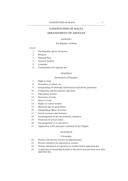 Constitution of Malta Arrangement of Articles