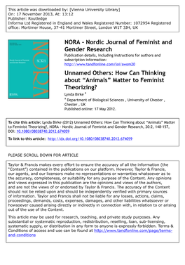 “Animals” Matter to Feminist Theorizing? Lynda Birke a a Department of Biological Sciences , University of Chester , Chester , UK Published Online: 17 May 2012