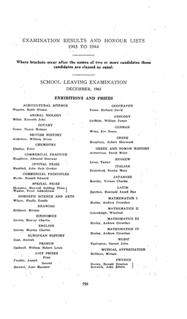 Exaiviination RESULTS and HONOUR LISTS 1943. to 1944