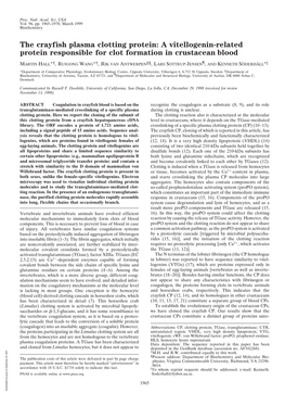 The Crayfish Plasma Clotting Protein: a Vitellogenin-Related Protein Responsible for Clot Formation in Crustacean Blood