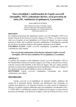 Nueva Localidad Y Confirmación De Cupido Carswelli (Stempffer, 1927), Endemismo Ibérico, En La Provincia De Jaén (NE