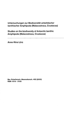 Untersuchungen Zur Biodiversitat Antarktischer Benthischer Amphipoda (Malacostraca, Crustacea)
