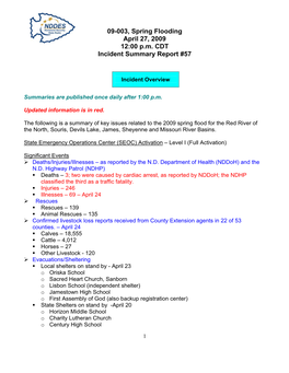 09-003, Spring Flooding April 27, 2009 12:00 P.M. CDT Incident Summary Report #57