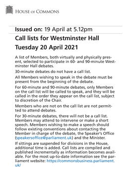Call Lists for Westminster Hall Tuesday 20 April 2021