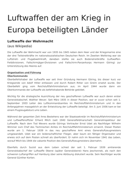 Luftwaffen Der Am Krieg in Europa Beteiligten Länder