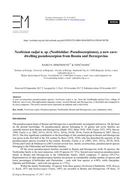 Neobisium Radjai N. Sp. (Neobisiidae: Pseudoscorpiones), a New Cave- Dwelling Pseudoscorpion from Bosnia and Herzegovina