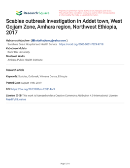 Scabies Outbreak Investigation in Addet Town, West Gojjam Zone, Amhara Region, Northwest Ethiopia, 2017