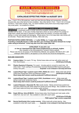 MARK HUGHES MODELS 23 Orchard Rise, Tibberton, GLOUCESTER, GL19 3AT E-Mail Hmark.Hughes@Gmail.Com CATALOGUE EFFECTIVE from 1St AUGUST 2013