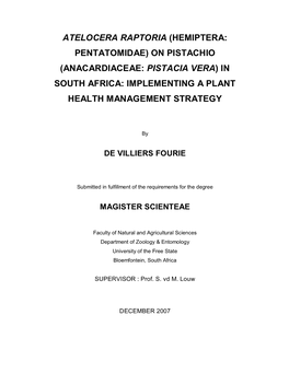 Atelocera Raptoria (Hemiptera: Pentatomidae) on Pistachio (Anacardiaceae: Pistacia Vera) in South Africa: Implementing a Plant Health Management Strategy