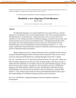 Mondzish: a New Subgroup of Lolo-Burmese Andrew Hsiu