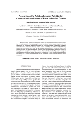 Research on the Relation Between Tajir Garden Characteristic and Sense of Place in Persian Garden