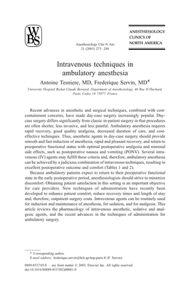 Intravenous Techniques in Ambulatory Anesthesia